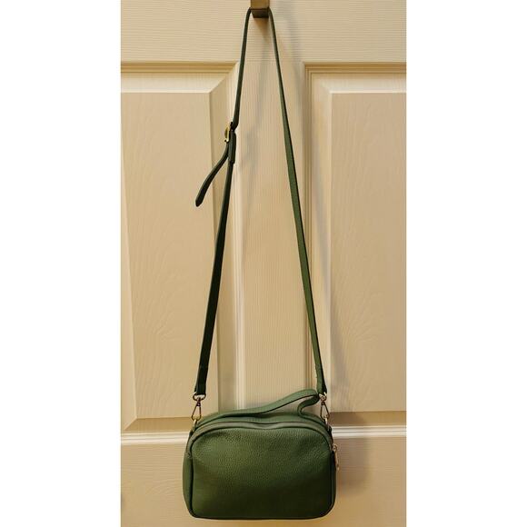 ISADORO Genuine Pebbled Italian Leather Olive Green Double Zipper Crossbody Bag - Picture 7 of 12